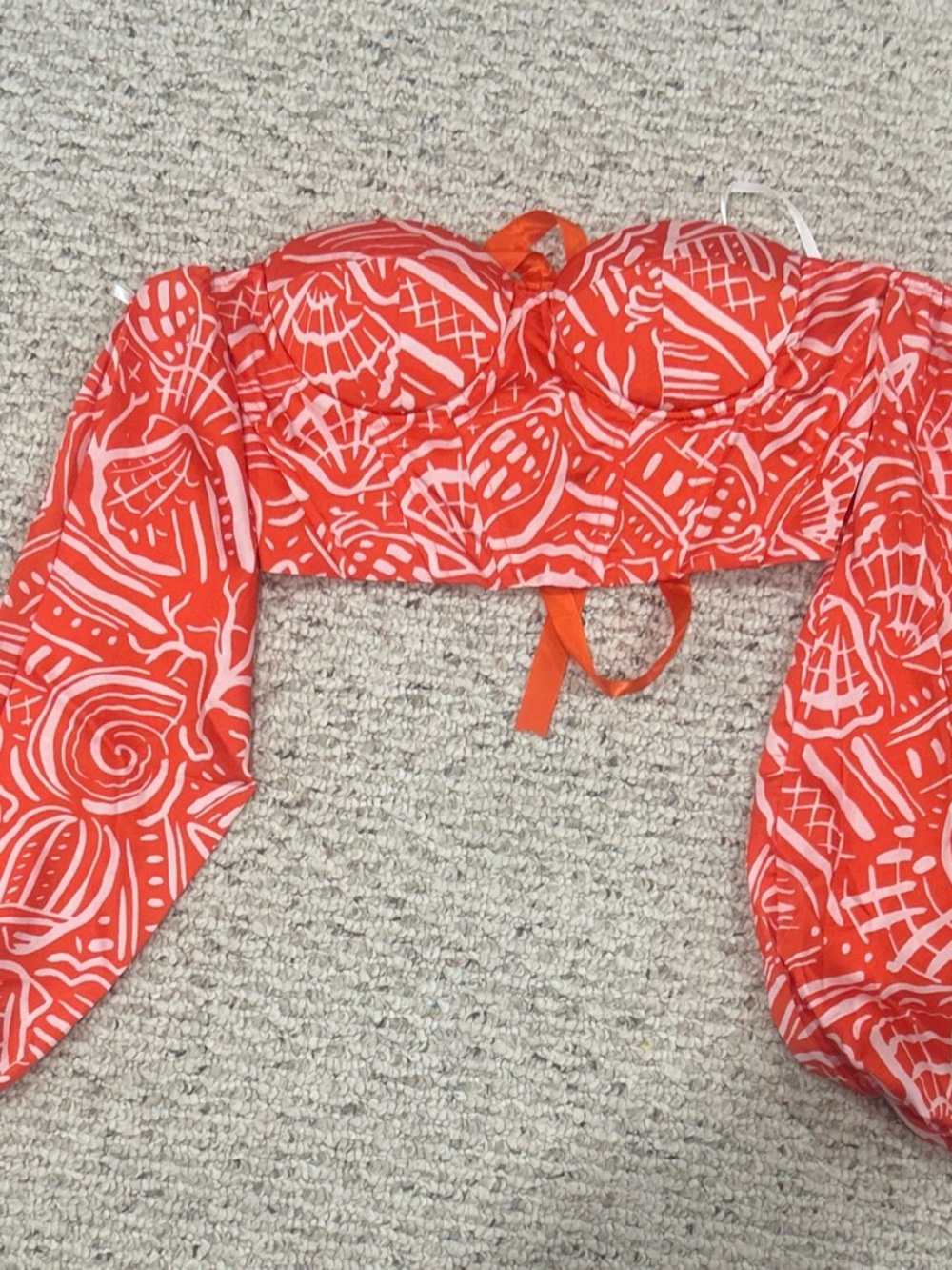 SHEIN Coral-Orange Abstract Print Puff Sleeve Crop Top